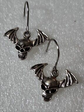 Hand Crafted Silver Bat Skull Dangle Earrings